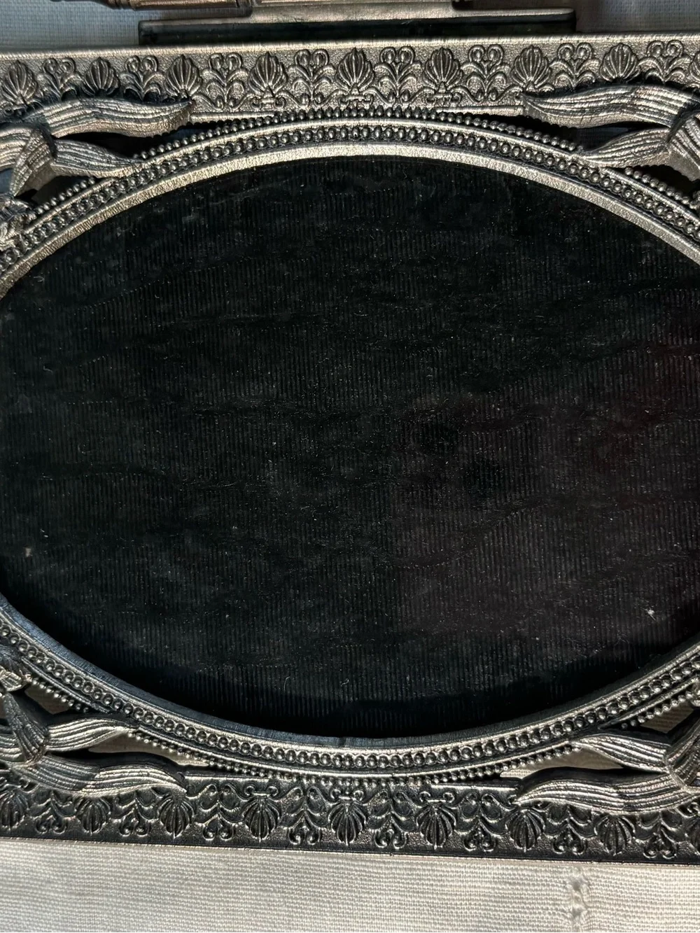 Ornate Hinged Oval Double Photo Frame in Dark Silver Tone